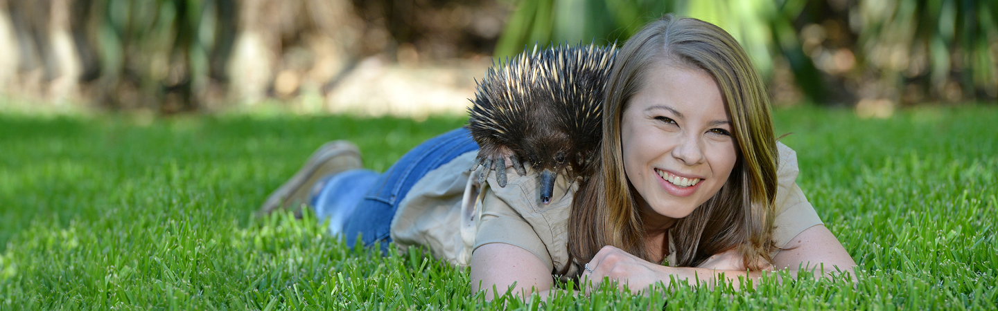 Bindi with an Echidna on her back laying down.